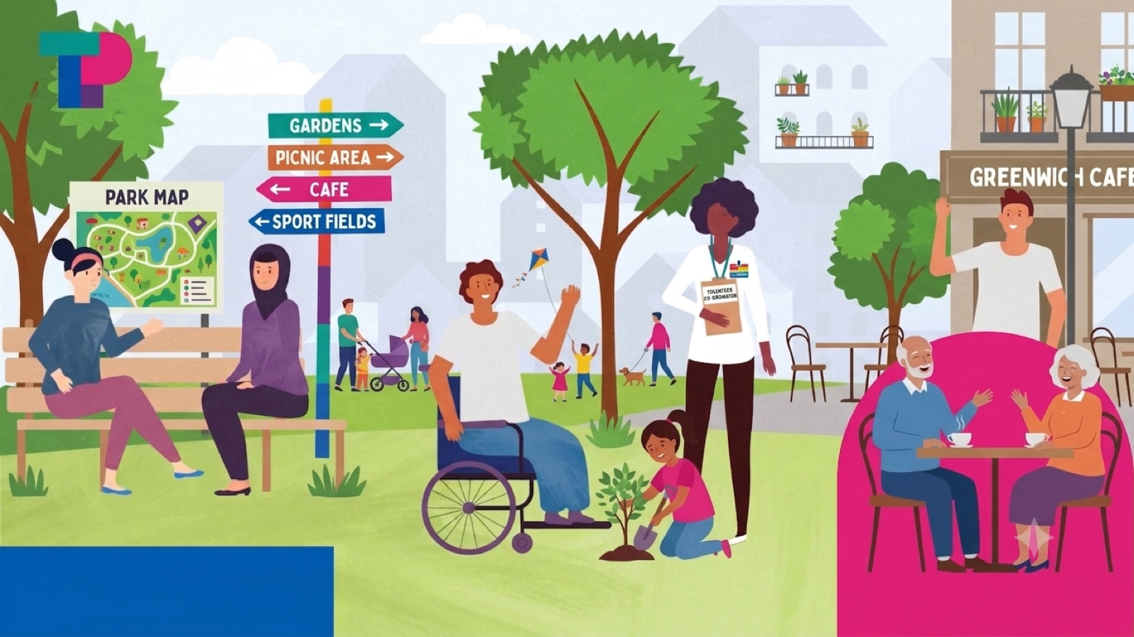 Illustration of a park scene with signposts and people